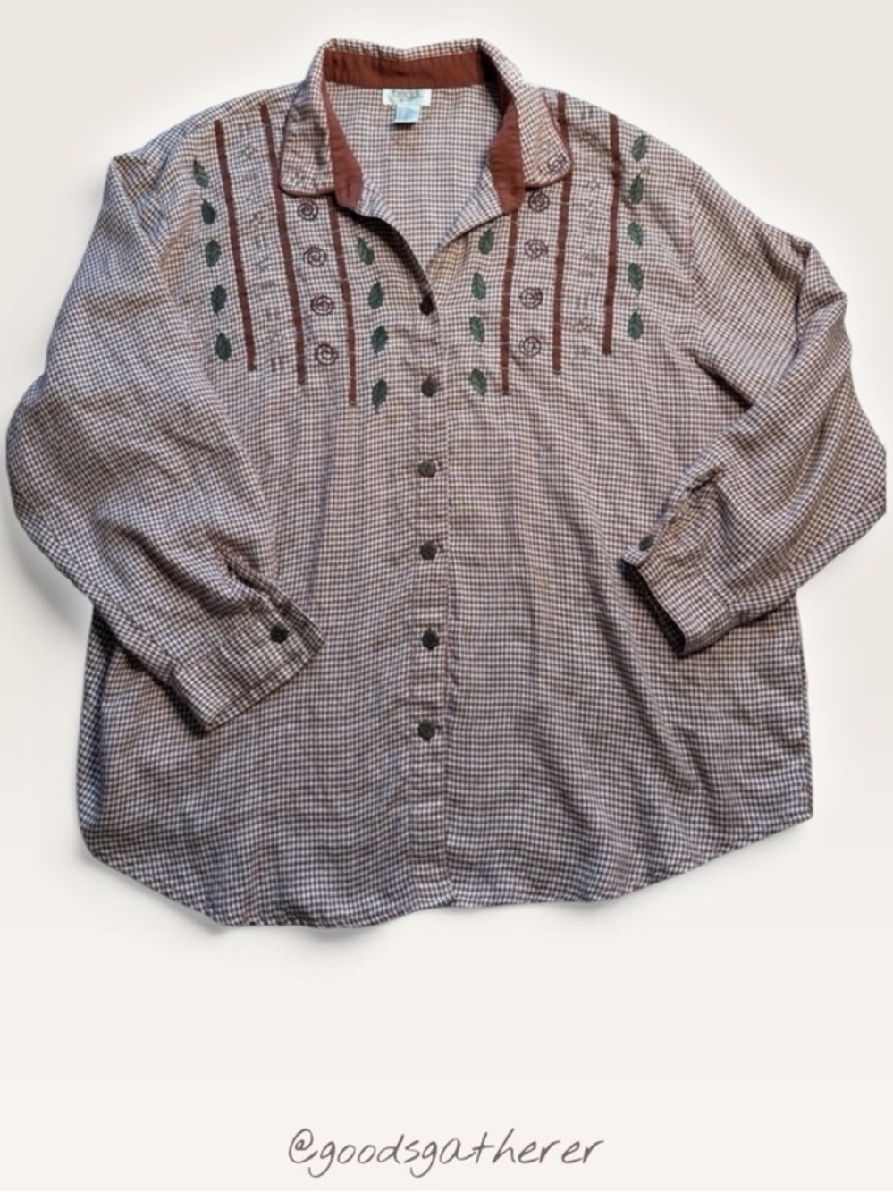 Teddi Blouse Women’s 2X Rust Gingham Embroidered Cottagecore Button Up